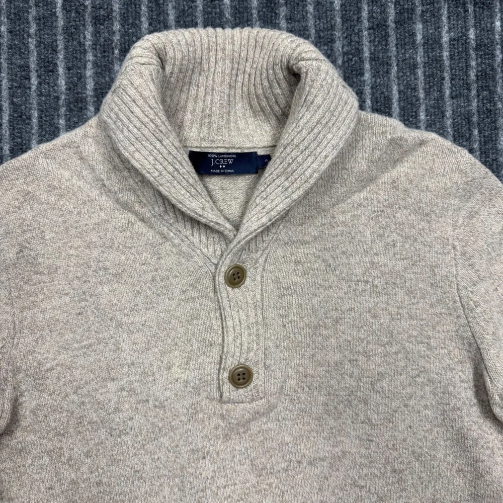 J. Crew Mens Shawl Neck Sweater Size S Tan Oatmeal 100% Lambswool (2647)